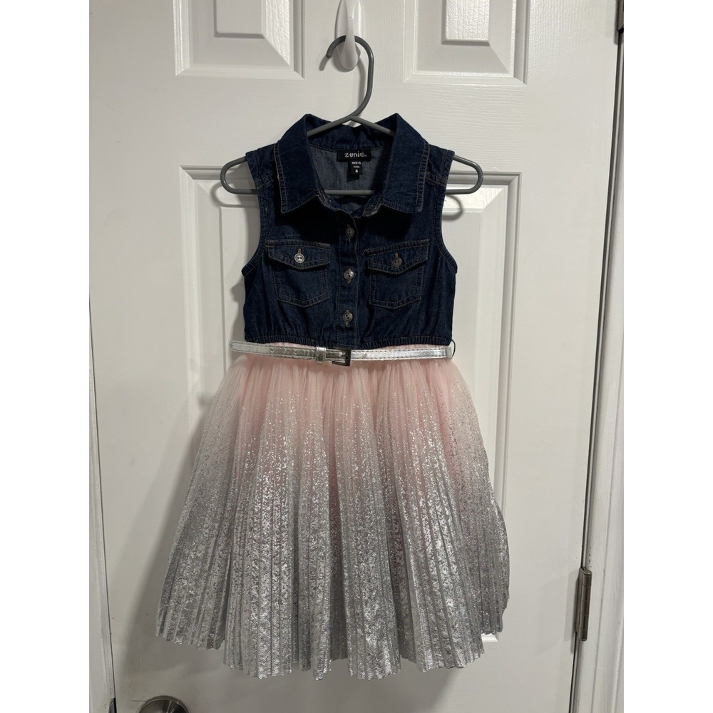 Zunie Sleeveless Girls Denim Top With Collar and‎ Pink & Silver Dress Sz 4